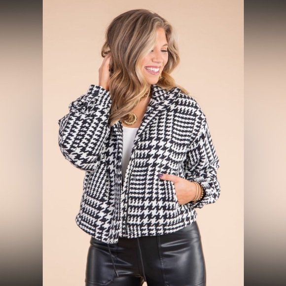 Tribal Houndstooth Bomber Jacket - Faux Leather Trim (Sleeves/Collar) - Picture 1 of 15